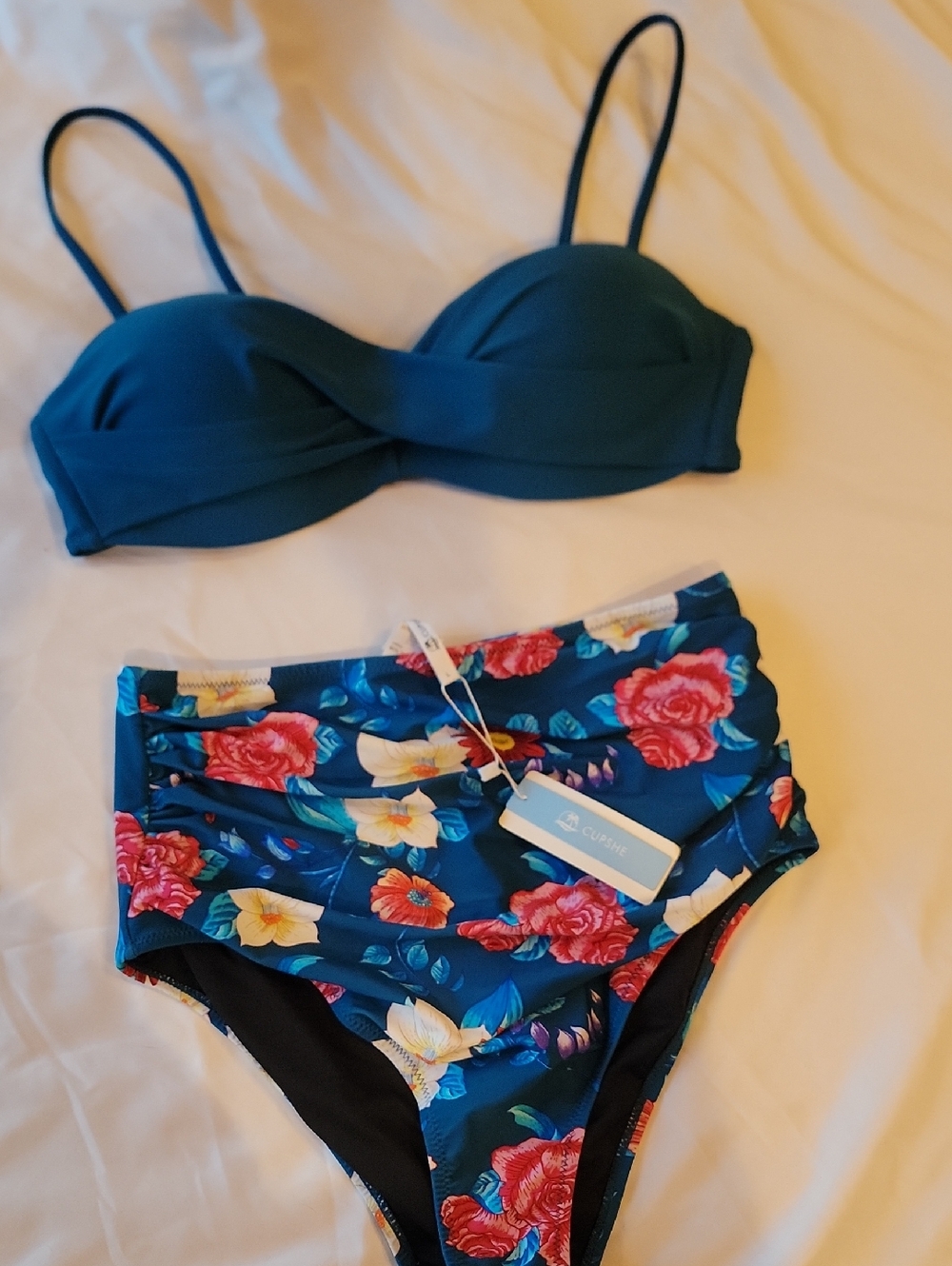 Two-Piece Floral High-Waist Bikini Set in Teal & Navy ~ 4 Pieces
